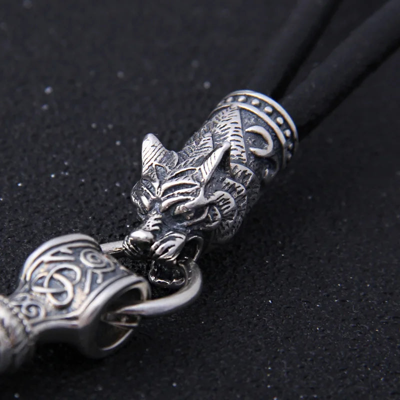S925 Sterling Silver Viking Wolf heads with thor's hammer mjolnir pendant leather men necklace as christmas gift