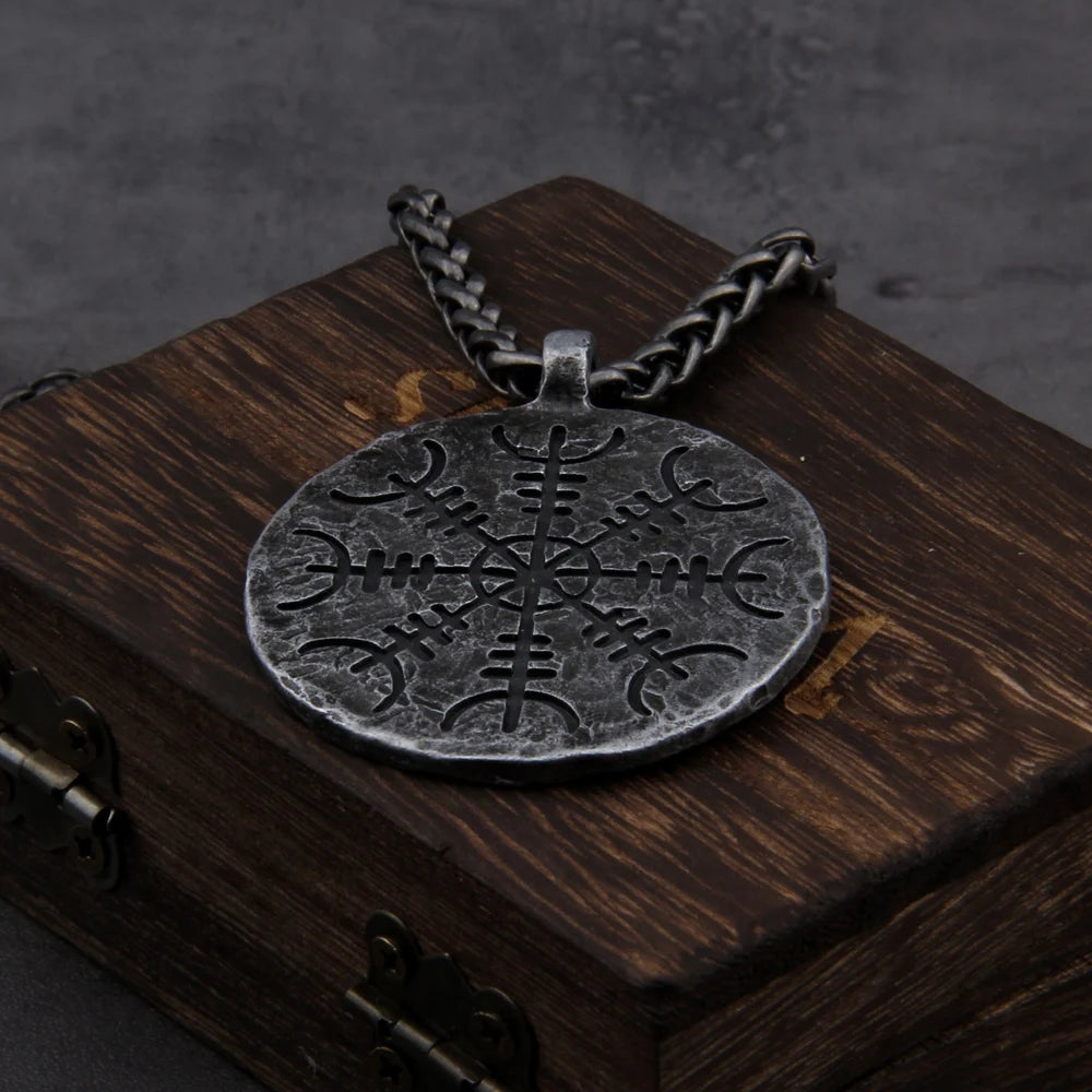 "Helm of Awe" and "Viking Vegvisir" Iron Color Viking Rune Pendant Necklace with Stainless Steel Chain As Men Gift