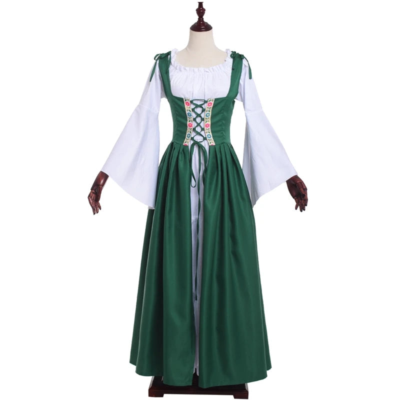Women Viking Cosplay Costume Dress Medieval Pirate Halloween Irish Corset Gown Outfit