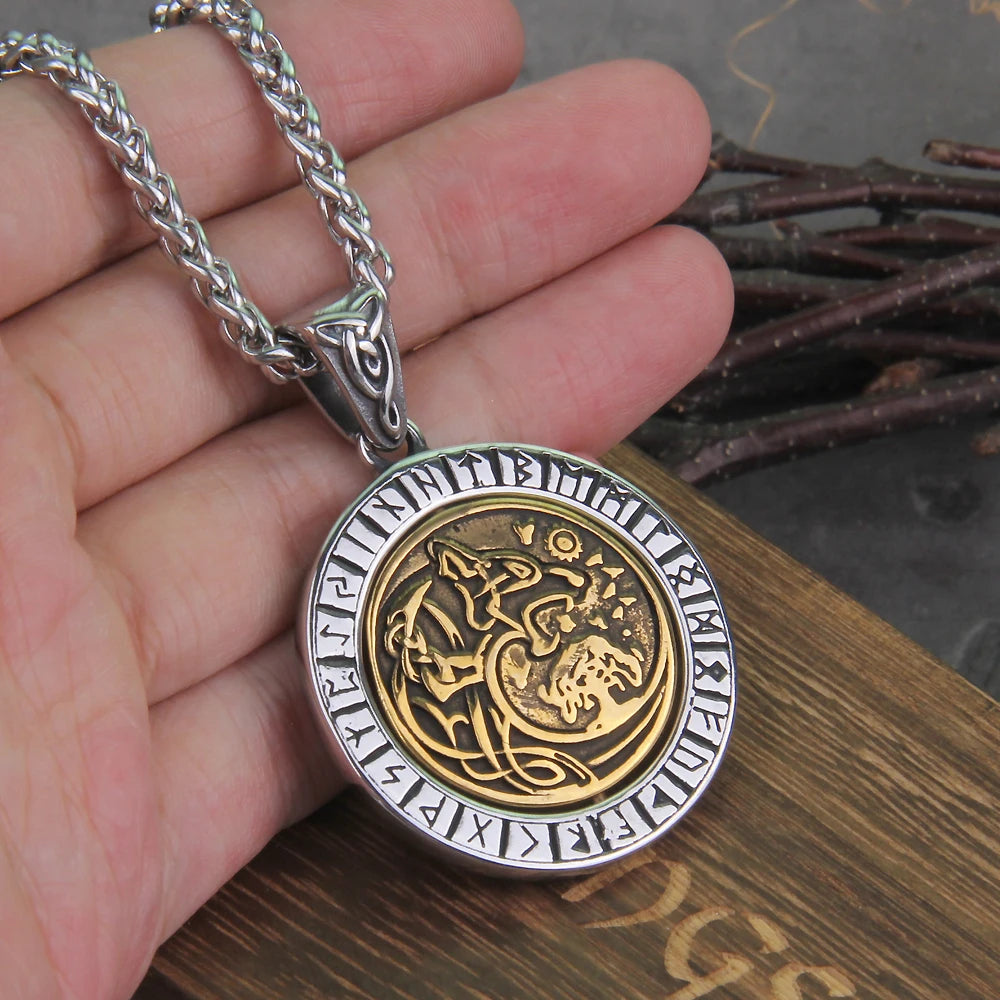 Rotating Wolf and tree of life Viking Rune Necklace with Stainless Steel Chain and pendant As Men Gift with wooden box