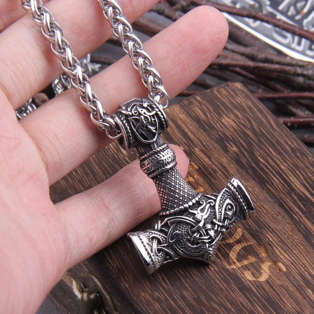 Stainless Steel Thor's Hammer Necklace Viking Dragon