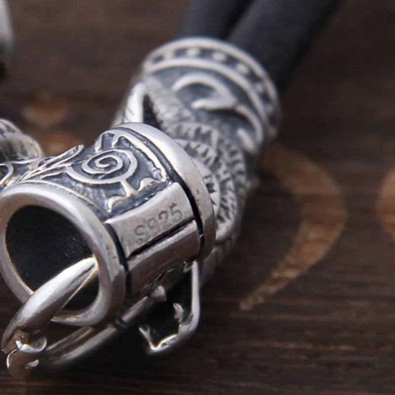 S925 Sterling Silver Viking Wolf heads with thor's hammer mjolnir pendant leather men necklace as christmas gift