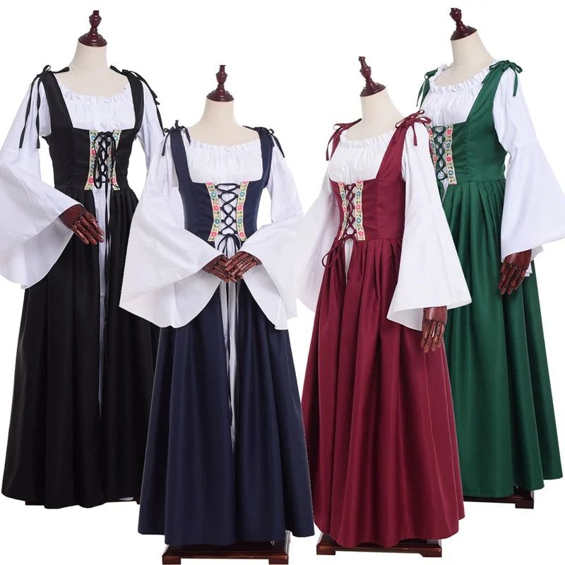 Women Viking Cosplay Costume Dress Medieval Pirate Halloween Irish Corset Gown Outfit