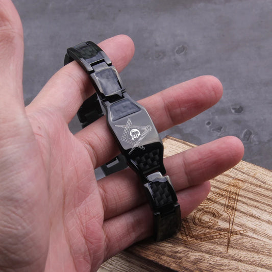 Masonic Black Magnetic Bracelet Men Stainless Steel Hand Chain ID Bracelets Carbon Fiber Magnetic Health Energy Bracelet for Men