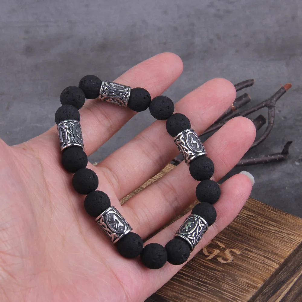 Volcano Lava Stone Beads stainless steel Runes Beads Men Bracelet Viking Rune Bracelet Fashion Charm Beads Bracelet wooden box