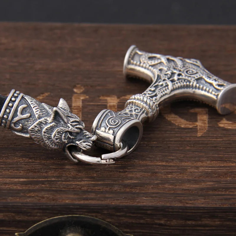 S925 Sterling Silver Viking Wolf heads with thor's hammer mjolnir pendant leather men necklace as christmas gift