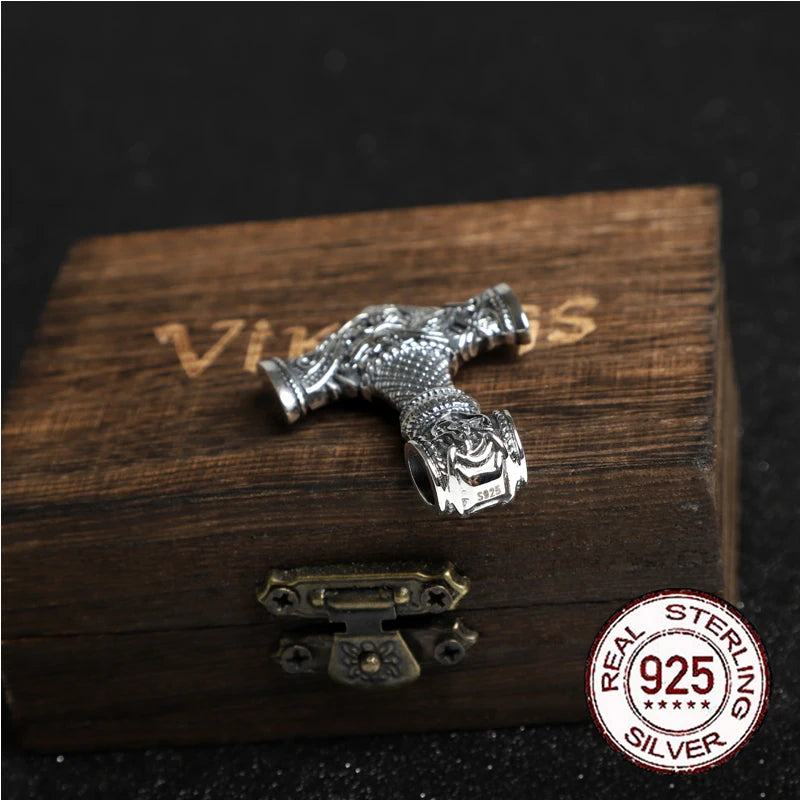 S925 Sterling Silver norse Viking thor's hammer mjolnir pendant necklace with leather chain wood box as gift Dropshipping