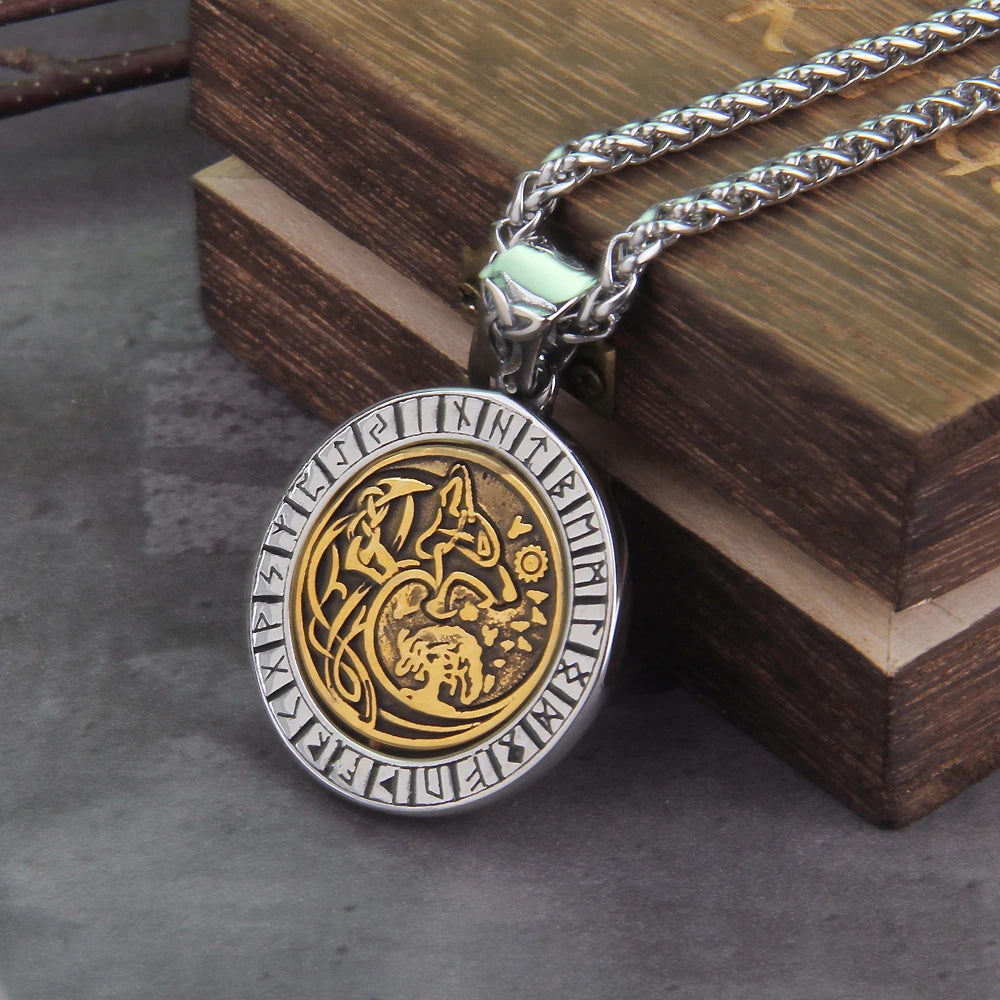 Rotating Wolf and tree of life Viking Rune Necklace with Stainless Steel Chain and pendant As Men Gift with wooden box