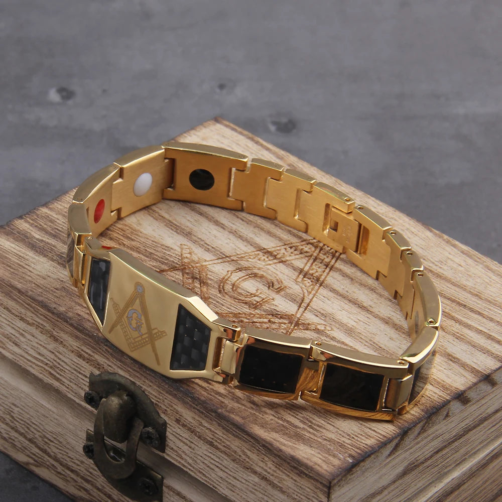 Masonic Black Magnetic Bracelet Men Stainless Steel Hand Chain ID Bracelets Carbon Fiber Magnetic Health Energy Bracelet for Men