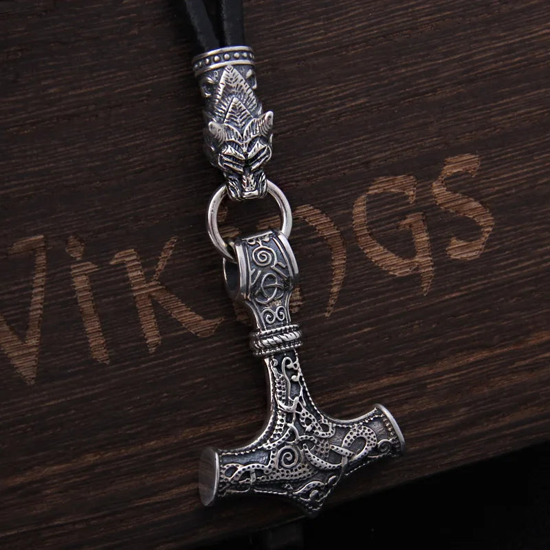 S925 Sterling Silver Viking Wolf heads with thor's hammer mjolnir pendant leather men necklace as christmas gift