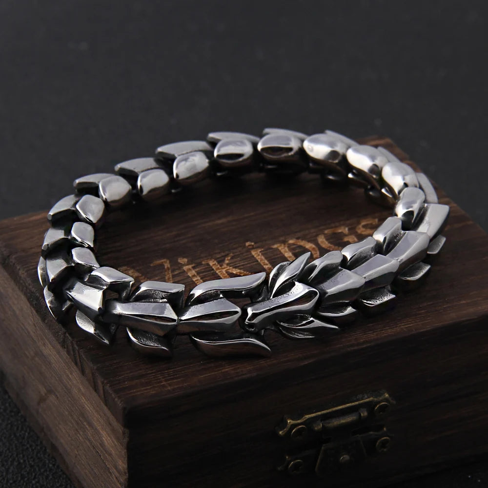 Viking Ouroboros vintage punk bracelet for men sterling silver super Jewelry hippop street culture with wooden box