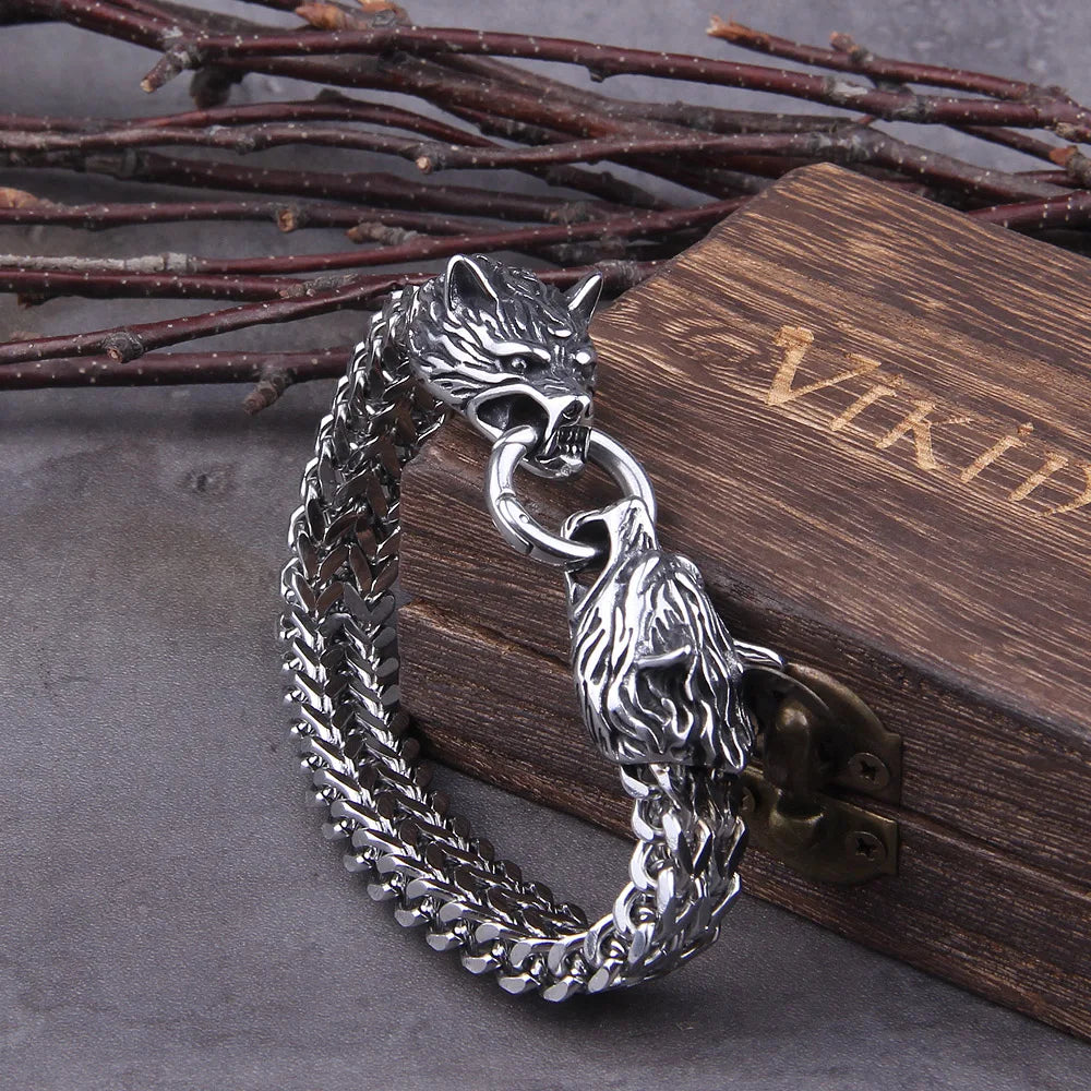 Never Fade Rock Viking Wolf Charm Bracelet Men's Stainless Steel Mesh Chain silver color Wolf Punk Bracelets Biker Jewelry