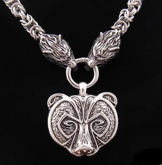 925 Sterling Silver Viking Bear Pendant Nekclace with stainless steel wolf chain as gift