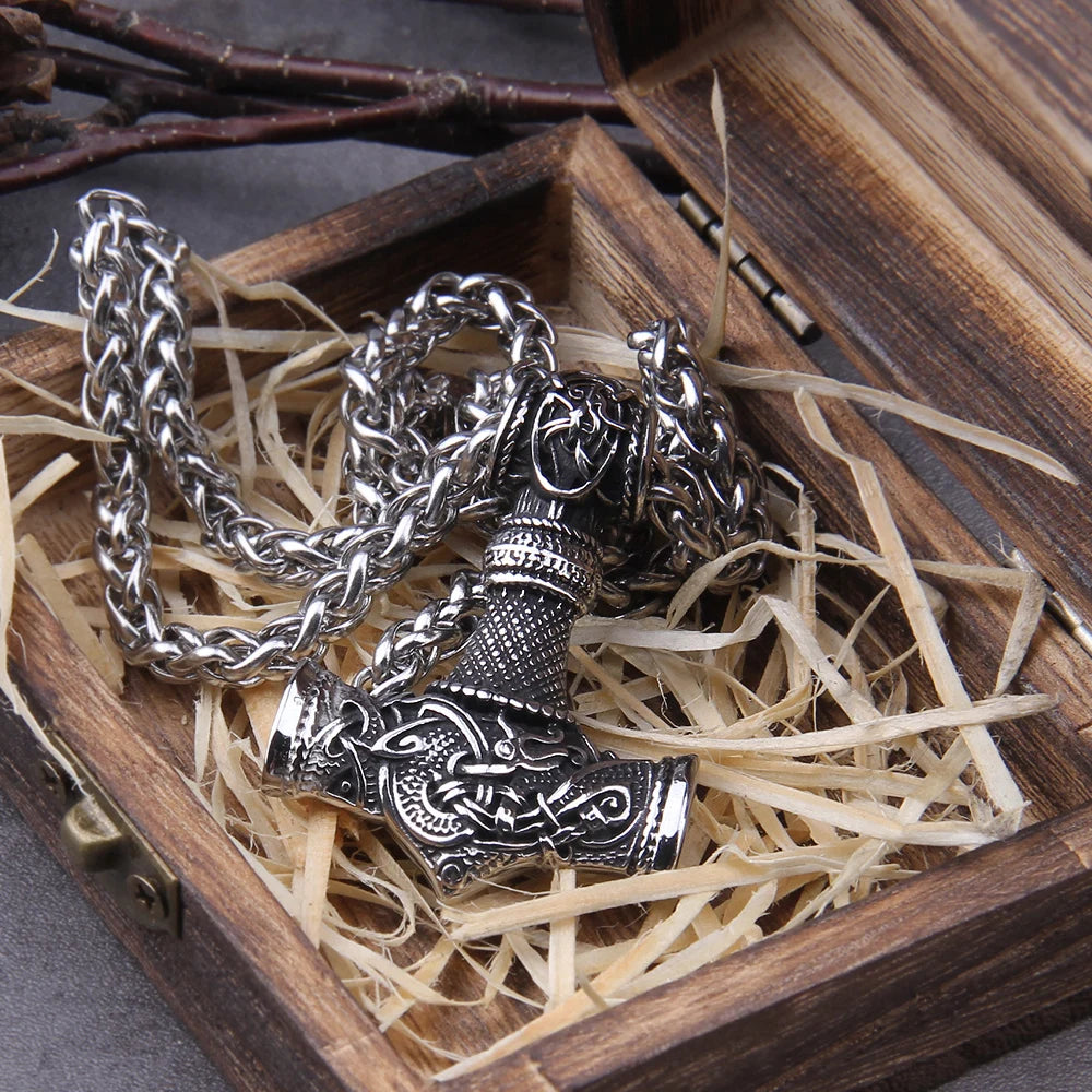 Stainless Steel Thor's Hammer Necklace Viking Dragon