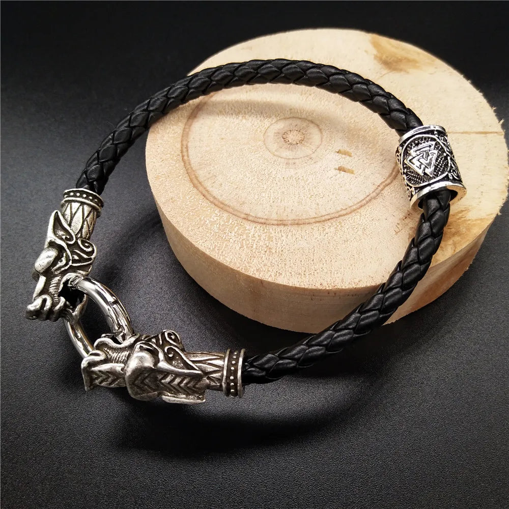 Viking Runes Beads Wolf Head Bracelet Leather