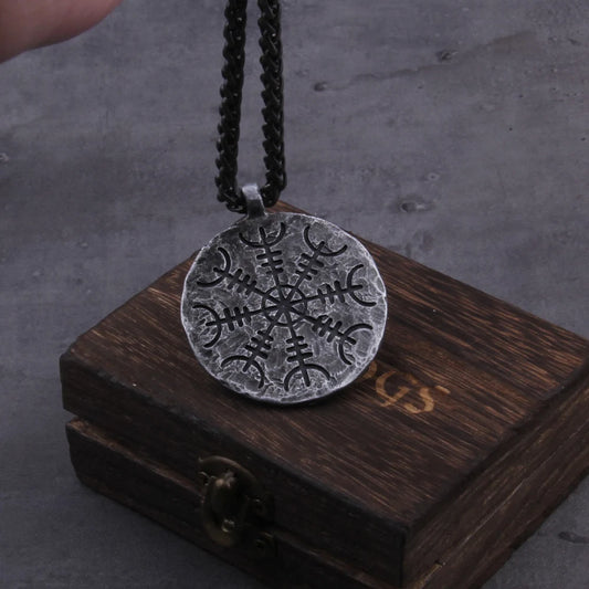 "Helm of Awe" and "Viking Vegvisir" Iron Color Viking Rune Pendant Necklace with Stainless Steel Chain As Men Gift