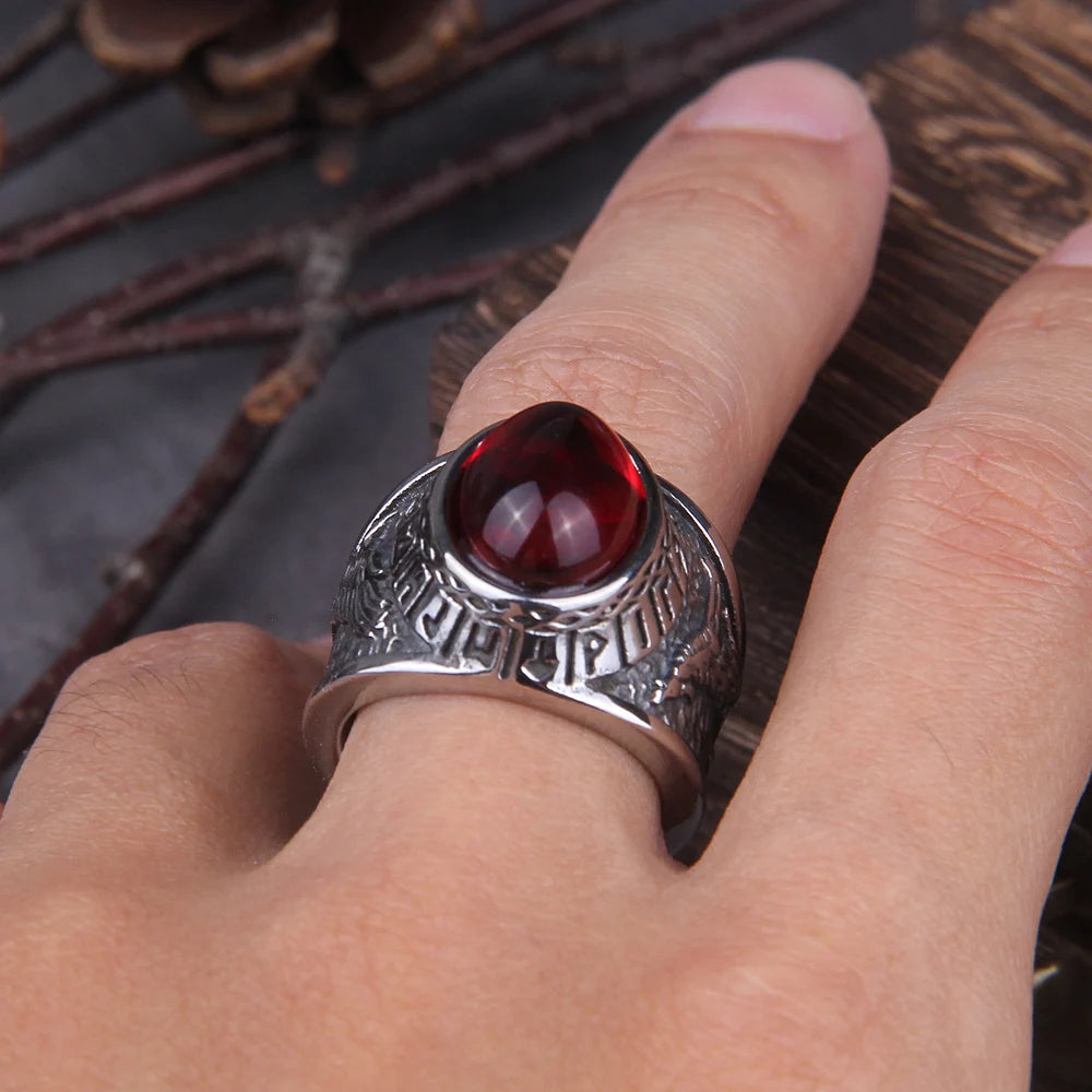 2020 Hot Selling Stainless Steel Red Stone Ring Viking raven and wolf ring never fade rune ring as men gift