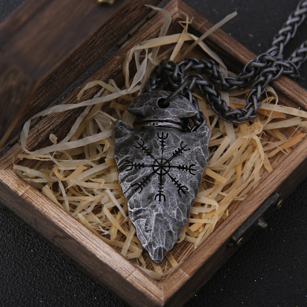 stainless steel Viking dragon spear Pendant Necklace with really cow leather chain As Men Gift with wooden box as gift