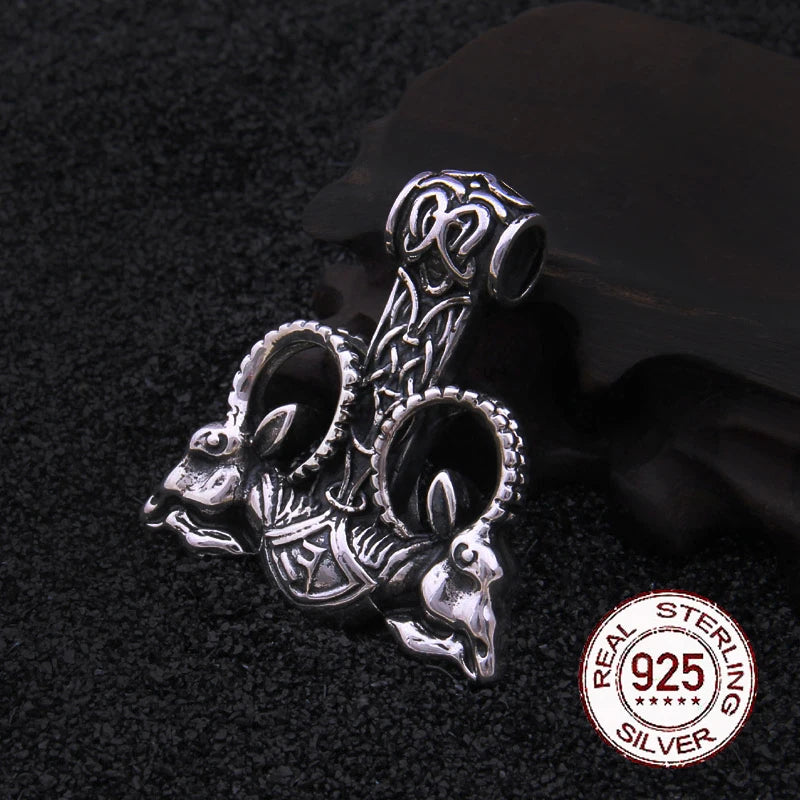 sterling silver viking goat necklace with real leather and keel chain