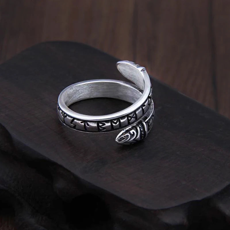 925 Sterling Silver Viking Dragon Rune Ouroboros Ring Adjustable with Viking wood box