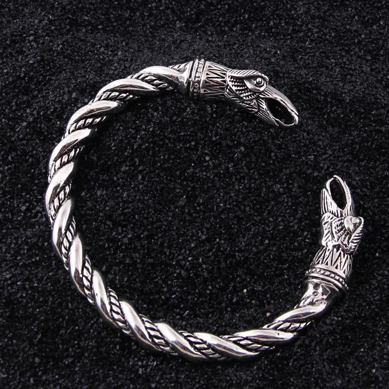 S925 Sterling Silver Viking Odin Raven Bangle with wood box as gift for men or women