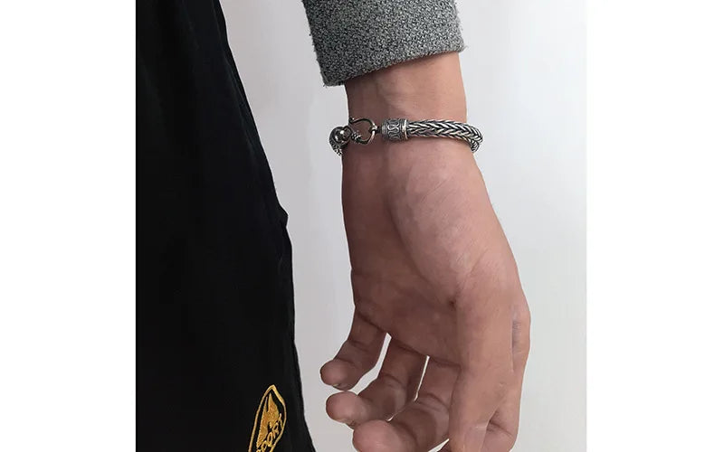 S925 Metal Making Antique Sterling Silver Vikings Bracelet as men gift with wood box