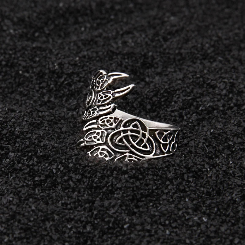 925 sterling silver Viking Celtic knot Bear claw adjustable ring as gift with vintage wood viking box
