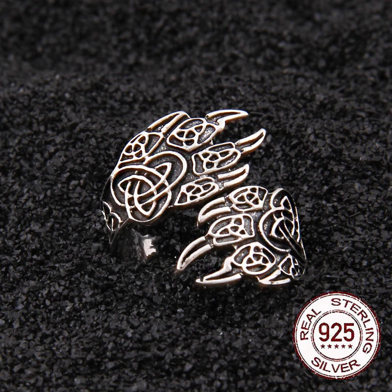 925 sterling silver Viking Celtic knot Bear claw adjustable ring as gift with vintage wood viking box