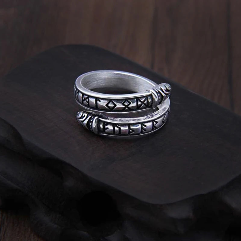925 Sterling Silver Viking Dragon Rune Ouroboros Ring Adjustable with Viking wood box