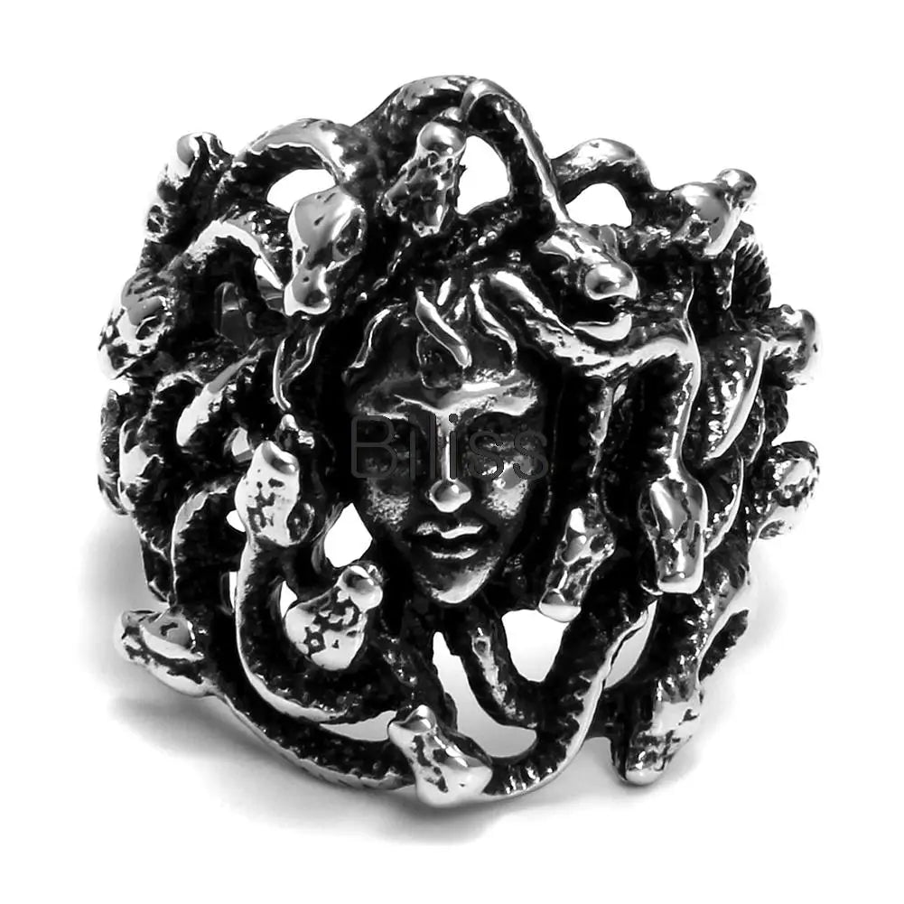 BONISKISS Vintage Style Men's Stainless Steel Greek Mythology Goddess Monster Medusa Snake Haired Ring Punk Biker Band Jewelry