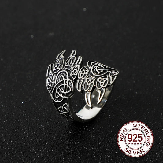 925 sterling silver Viking Celtic knot Bear claw adjustable ring as gift with vintage wood viking box