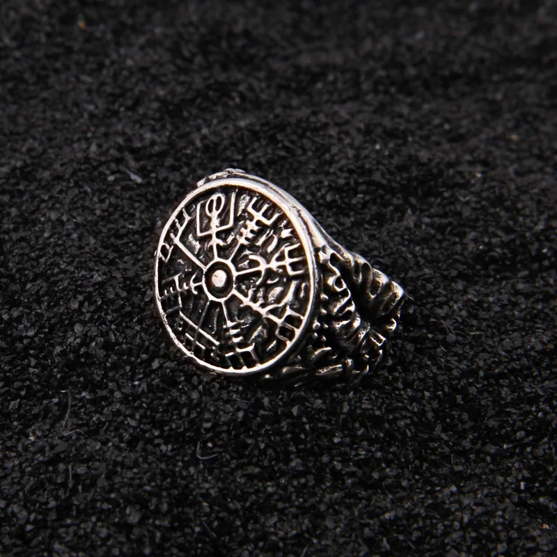 925 sterling silver Viking Vegvisir rune Shield adjustable ring with vintage viking wood box as gift