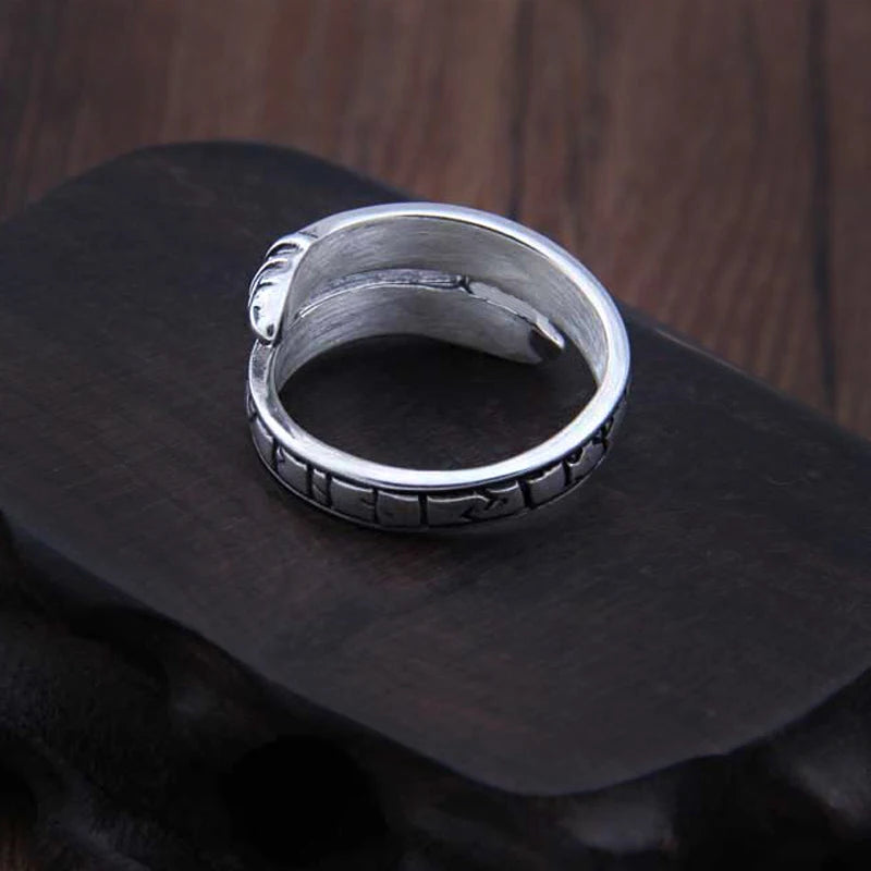 925 Sterling Silver Viking Dragon Rune Ouroboros Ring Adjustable with Viking wood box