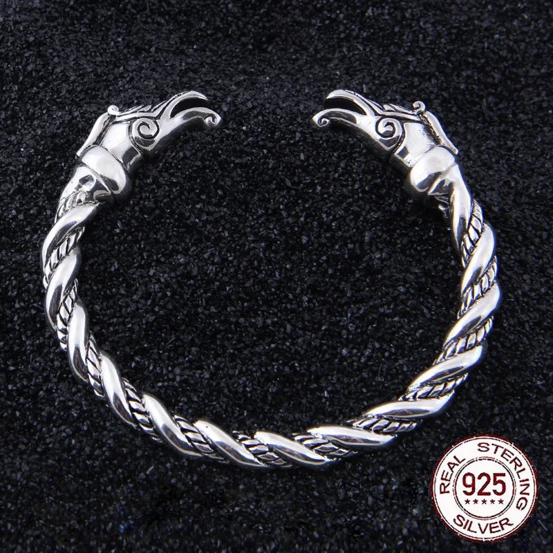 S925 Sterling Silver Norse Vikings Wolf Bangle with wood box as gift for men or women