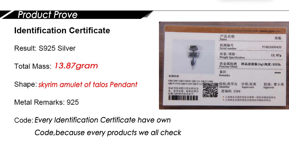 925 Sterling Silver skyrim amulet of talos Pendant Nekclace with real leather and keel chain as gift