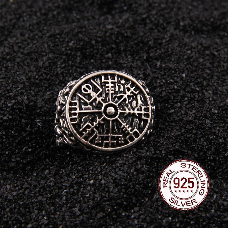 925 sterling silver Viking Vegvisir rune Shield adjustable ring with vintage viking wood box as gift