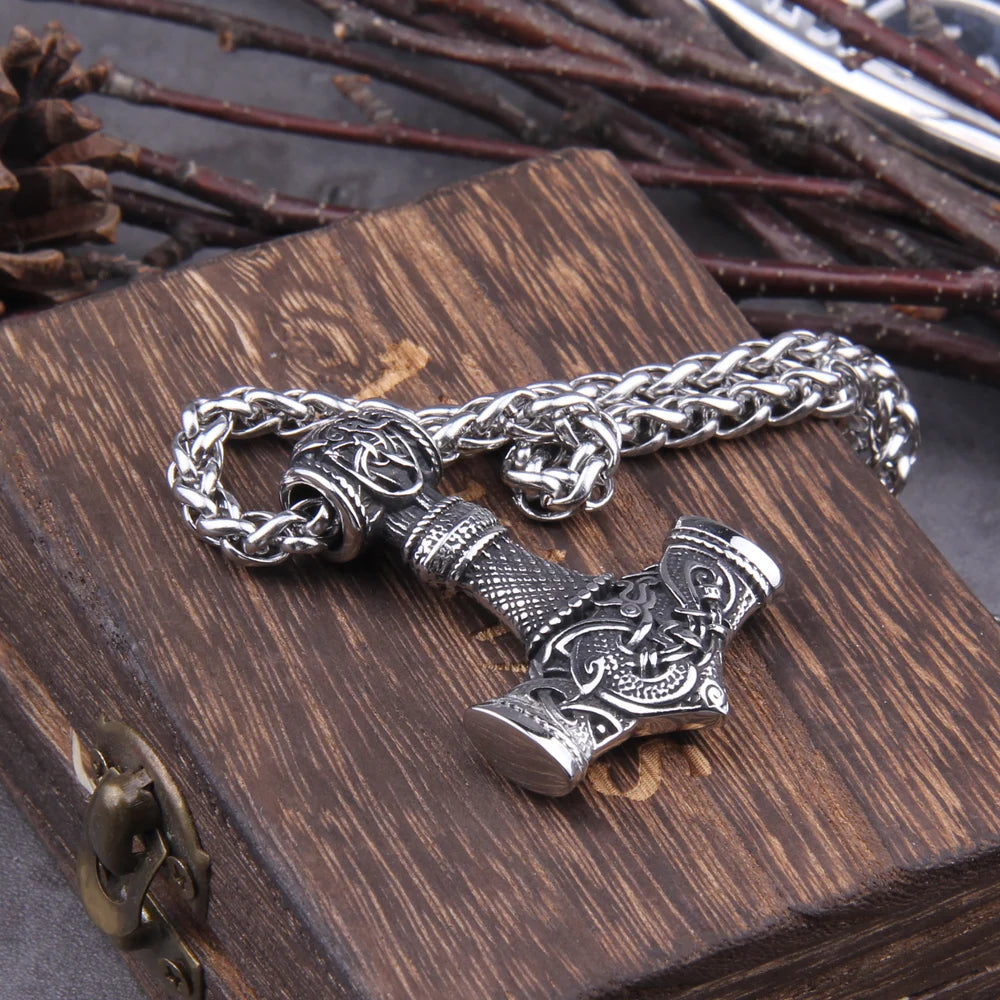 Stainless Steel Thor's Hammer Necklace Viking Dragon