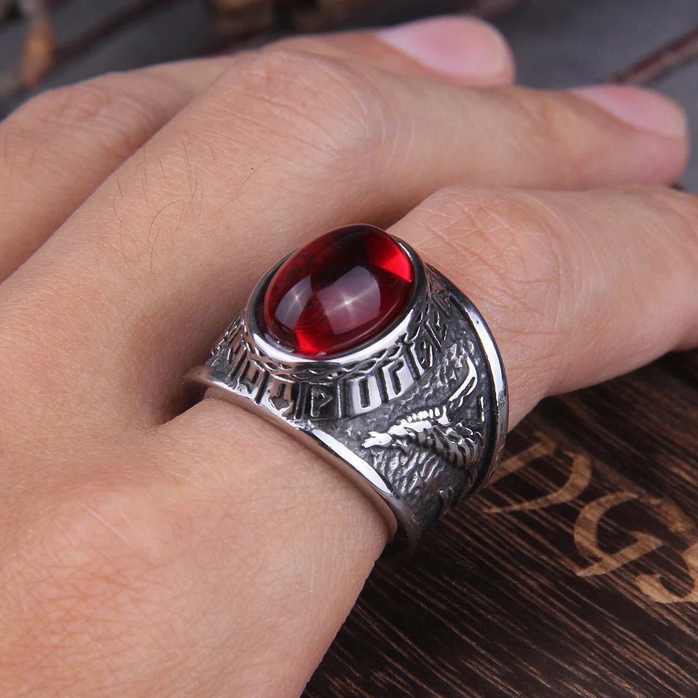 2020 Hot Selling Stainless Steel Red Stone Ring Viking raven and wolf ring never fade rune ring as men gift