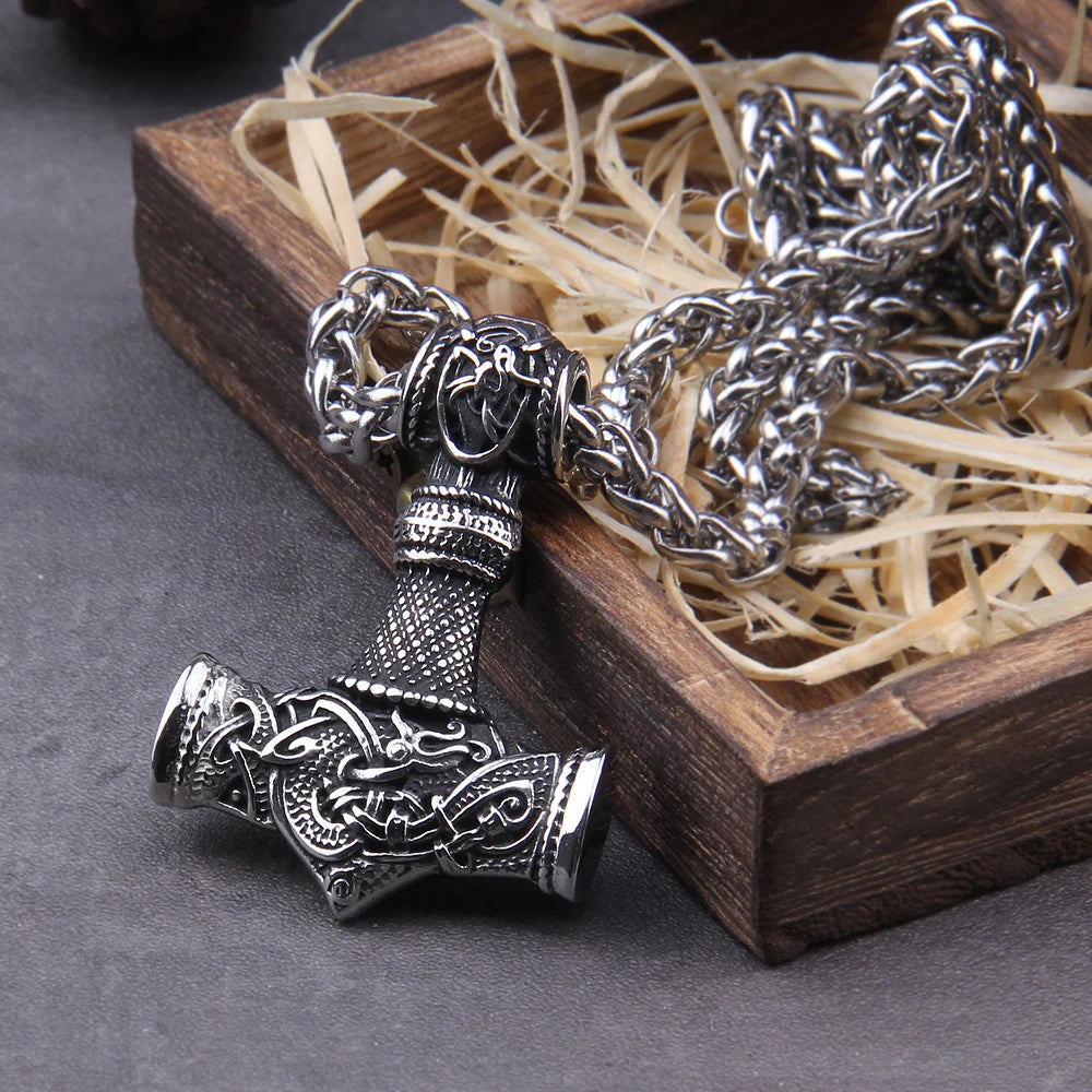 Stainless Steel Thor's Hammer Necklace Viking Dragon