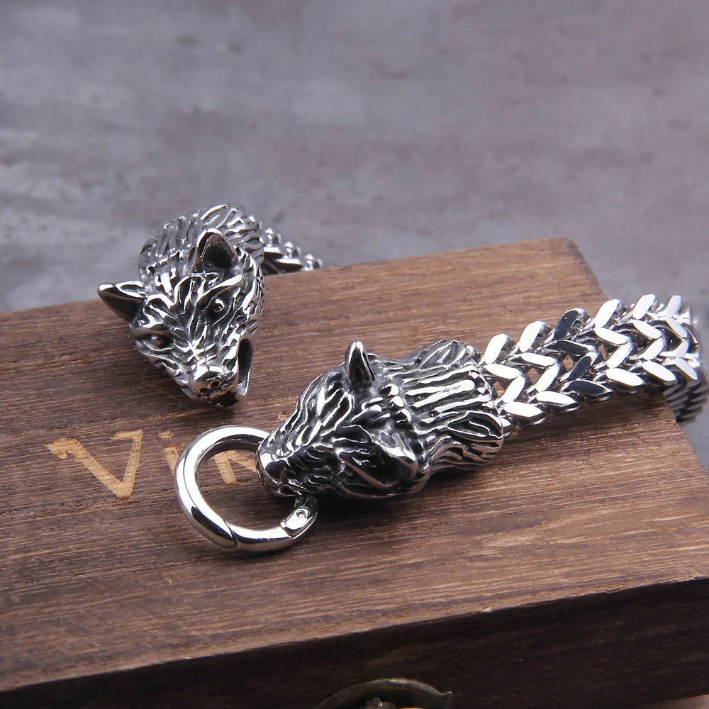 Never Fade Rock Viking Wolf Charm Bracelet Men's Stainless Steel Mesh Chain silver color Wolf Punk Bracelets Biker Jewelry