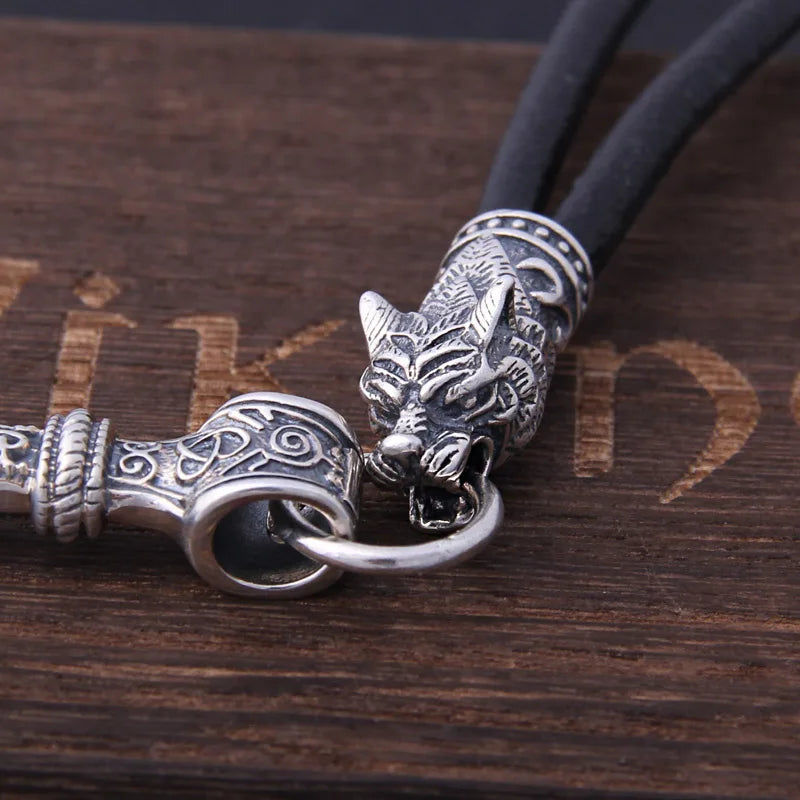 S925 Sterling Silver Viking Wolf heads with thor's hammer mjolnir pendant leather men necklace as christmas gift