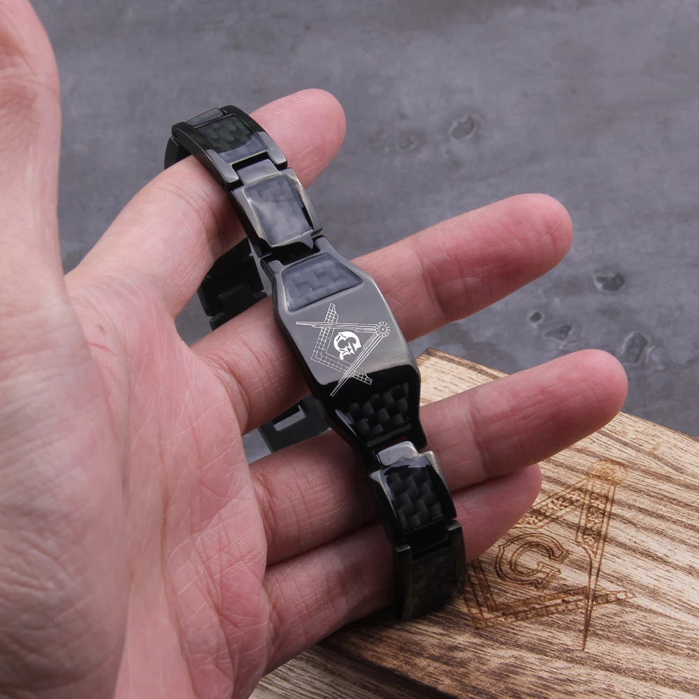 Masonic Black Magnetic Bracelet Men Stainless Steel Hand Chain ID Bracelets Carbon Fiber Magnetic Health Energy Bracelet for Men