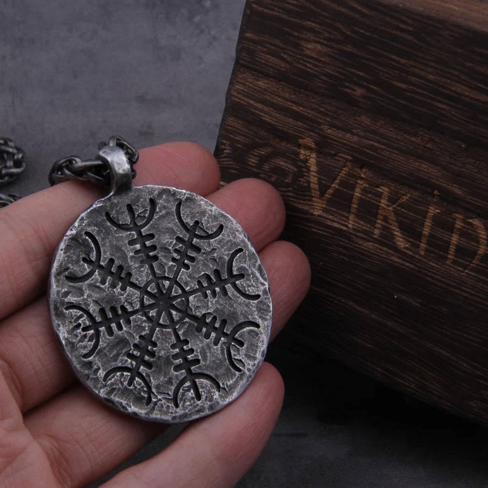 "Helm of Awe" and "Viking Vegvisir" Iron Color Viking Rune Pendant Necklace with Stainless Steel Chain As Men Gift