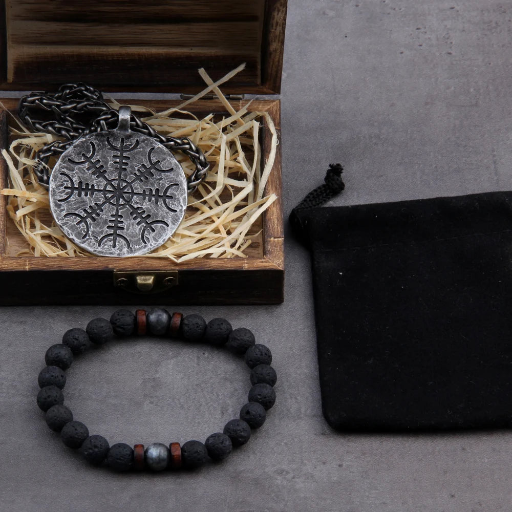 "Helm of Awe" and "Viking Vegvisir" Iron Color Viking Rune Pendant Necklace with Stainless Steel Chain As Men Gift