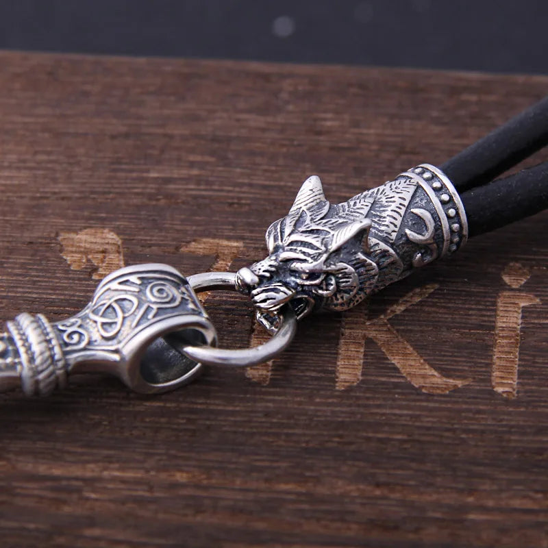 S925 Sterling Silver Viking Wolf heads with thor's hammer mjolnir pendant leather men necklace as christmas gift