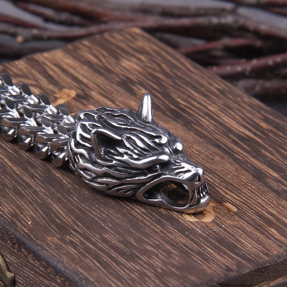 Never Fade Rock Viking Wolf Charm Bracelet Men's Stainless Steel Mesh Chain silver color Wolf Punk Bracelets Biker Jewelry