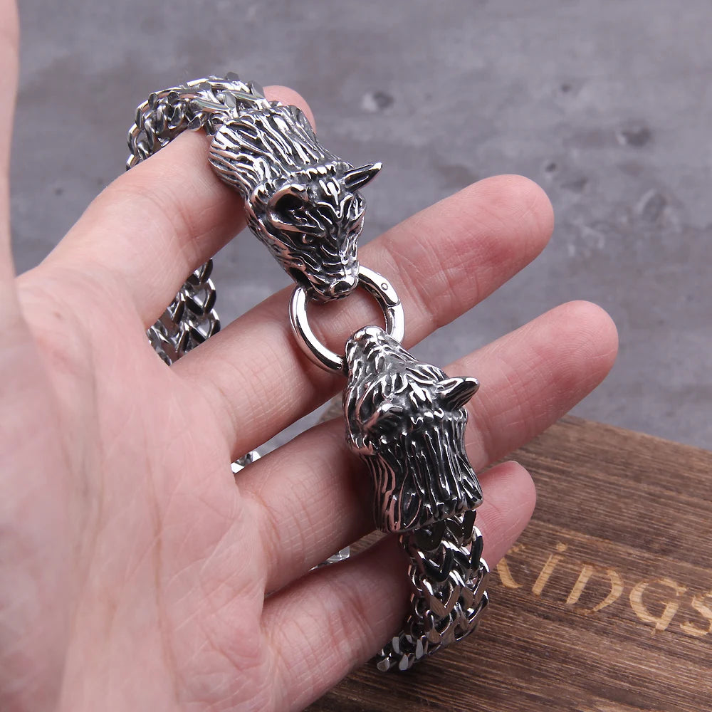 Never Fade Rock Viking Wolf Charm Bracelet Men's Stainless Steel Mesh Chain silver color Wolf Punk Bracelets Biker Jewelry