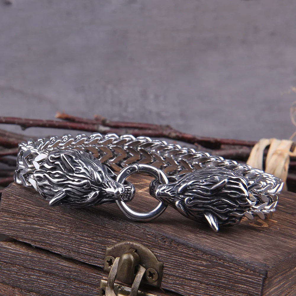 Never Fade Rock Viking Wolf Charm Bracelet Men's Stainless Steel Mesh Chain silver color Wolf Punk Bracelets Biker Jewelry