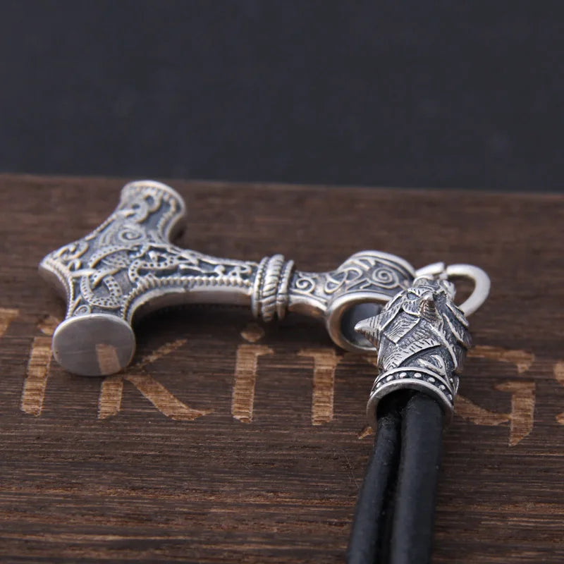 S925 Sterling Silver Viking Wolf heads with thor's hammer mjolnir pendant leather men necklace as christmas gift