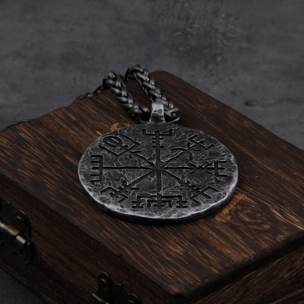 "Helm of Awe" and "Viking Vegvisir" Iron Color Viking Rune Pendant Necklace with Stainless Steel Chain As Men Gift